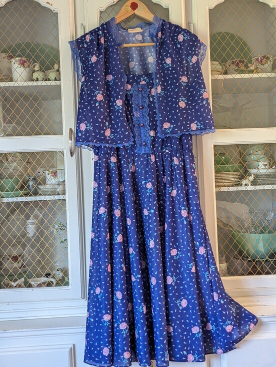 Sears Dresses & Skirts - 🩵VTG 70s/80s Blue Floral Midi Dress Matching Capelet Feminine Cottage Prairie